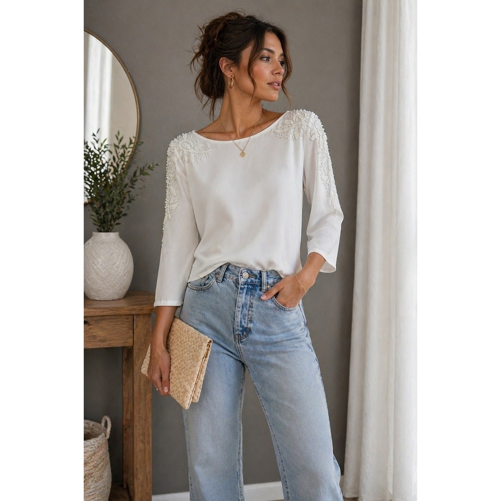 ANTONIO MELANI Ivory Beaded-Shoulder Blouse